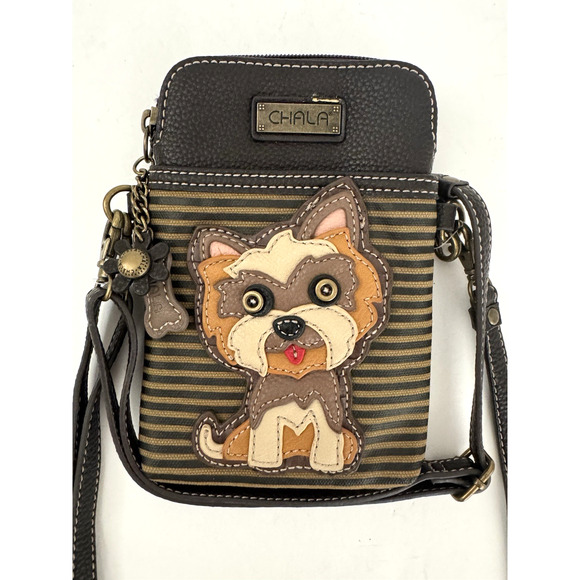 Chala Cell Phone Crossbody Bag Vegan-Leather Brown Gray Stripe Yorkshire Dog - Picture 2 of 13